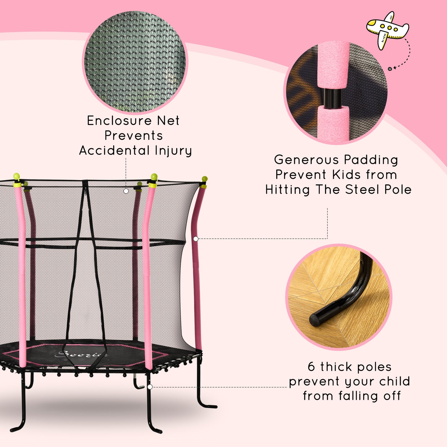 Soozier 64" Kids Trampoline Mini Indoor/Outdoor Bouncer Jumper with Enclosure Net Elastic Thick Padded Pole Gift for Child Toddler Age 3-10 Years Old Pink
