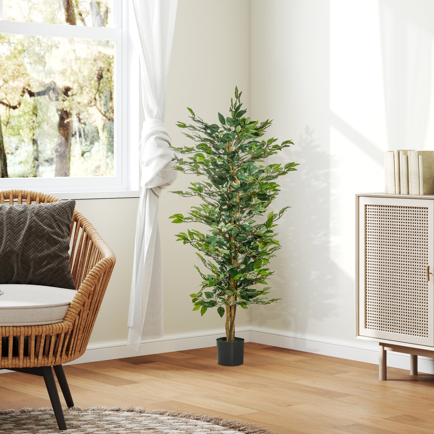 HOMCOM 5FT Artificial Ficus Tree, Fake Tree with Leaves, Faux Plant in Nursery Pot for Indoor Decoration
