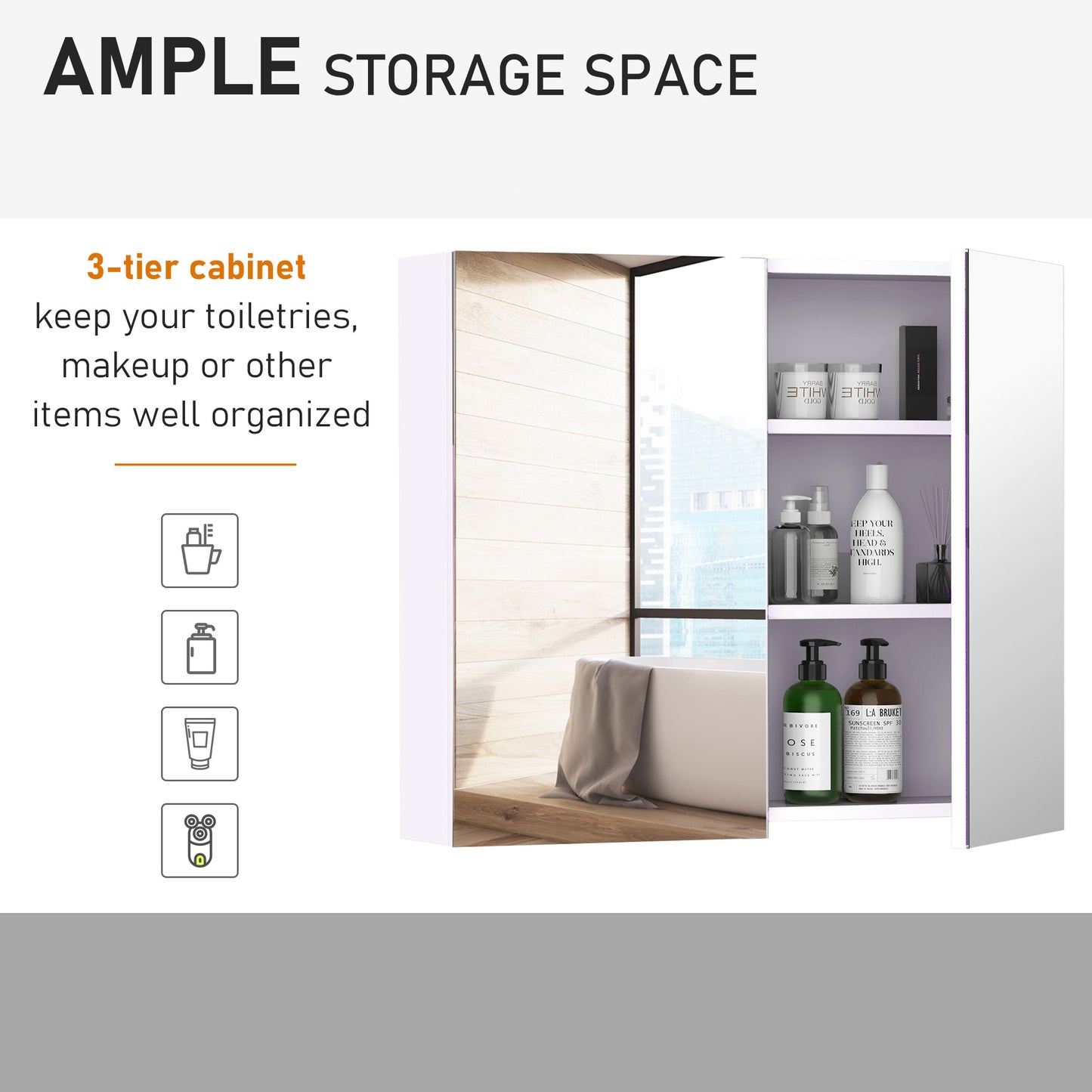 HOMCOM Wall Mount Mirrored Medicine Cabinet, Bathroom Mirror Cabinet with Adjustable Shelf, Double Soft Closing Doors, Light Lilac