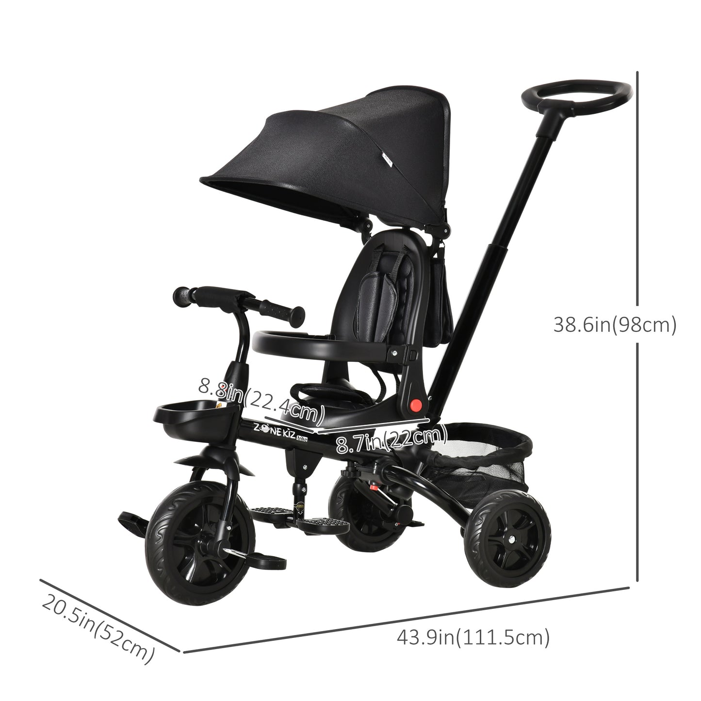 Qaba Tricycle for Toddler 4 in 1 Kids Trike with Reversible Adjustable Seat, Baby Push Bike with Removable Handle, Canopy, Belt Storage Brake Clutch for 1-5 Years, Red
