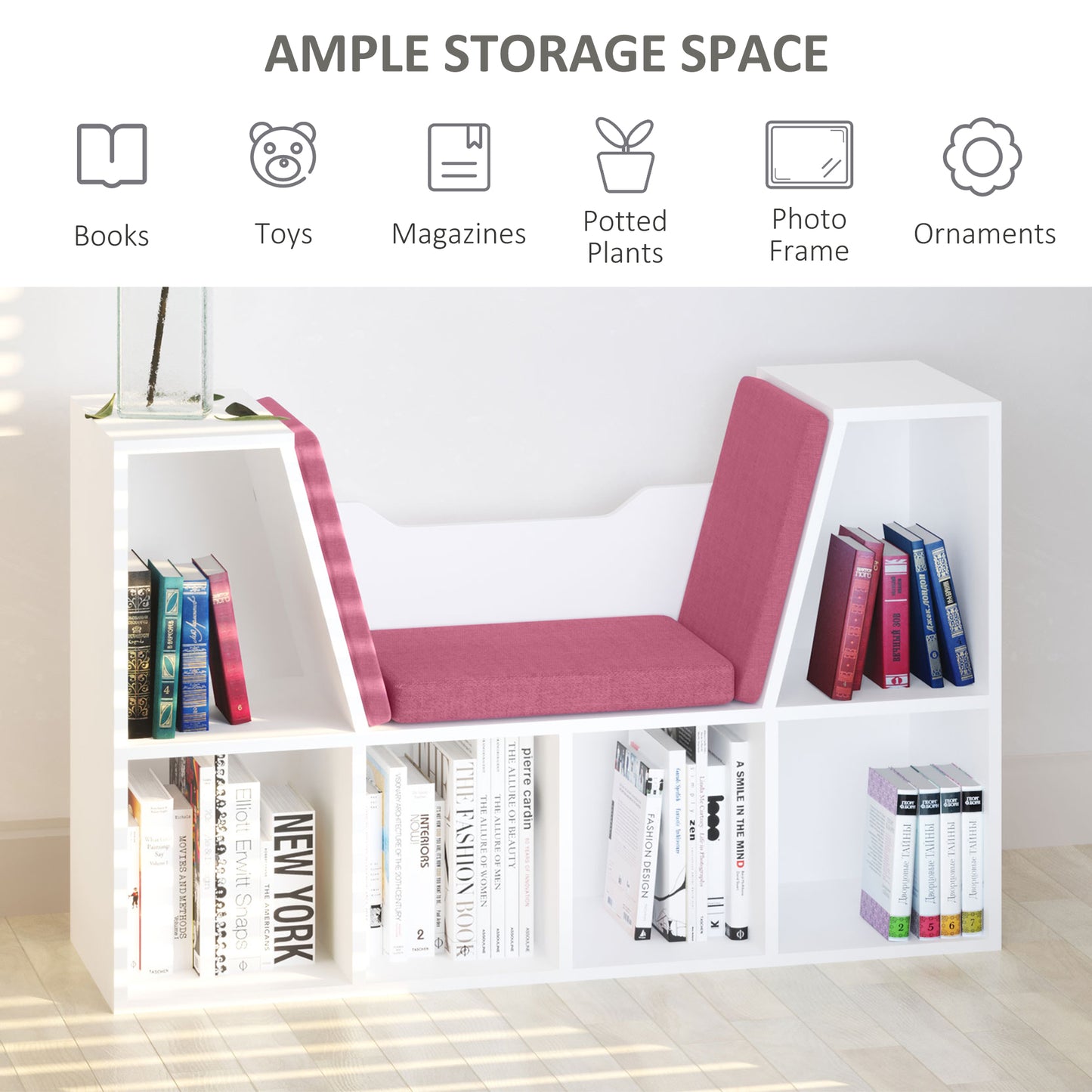 HOMCOM 6-Cubby Bookcase with Seat Cushion, Cube Storage Shelf with Reading Nook for Home Office, Study, Pink