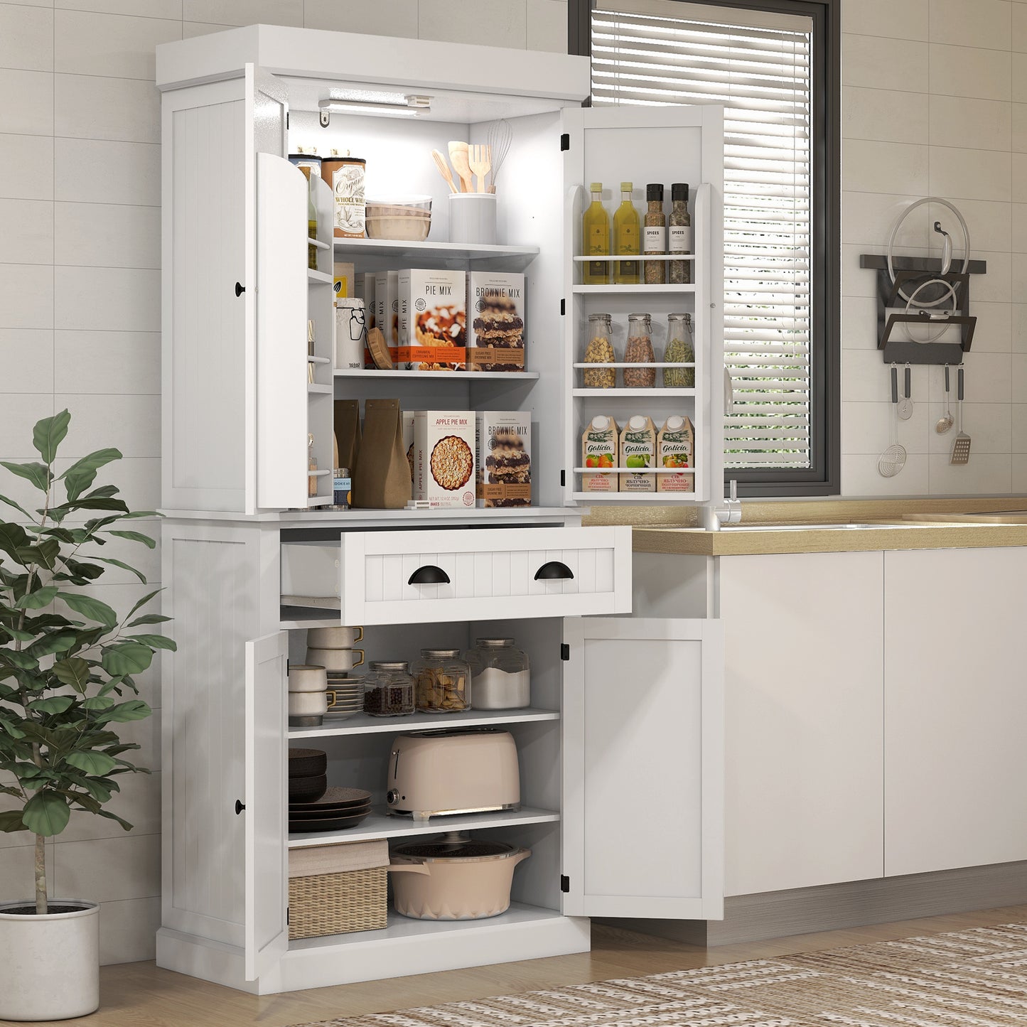 HOMCOM 71" Kitchen Pantry Cabinet with LED Lights, 6 Spice Racks, a Drawer and 4 Adjustable Shelves, White
