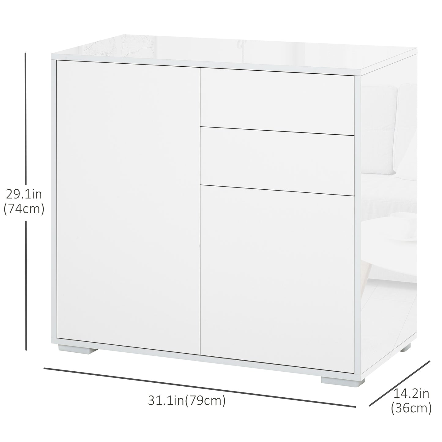 HOMCOM High Gloss Buffet Sideboard with 2 Drawers, 2 Doors and Adjustable Shelf, Kitchen Storage Cabinet with Push Open Design, White