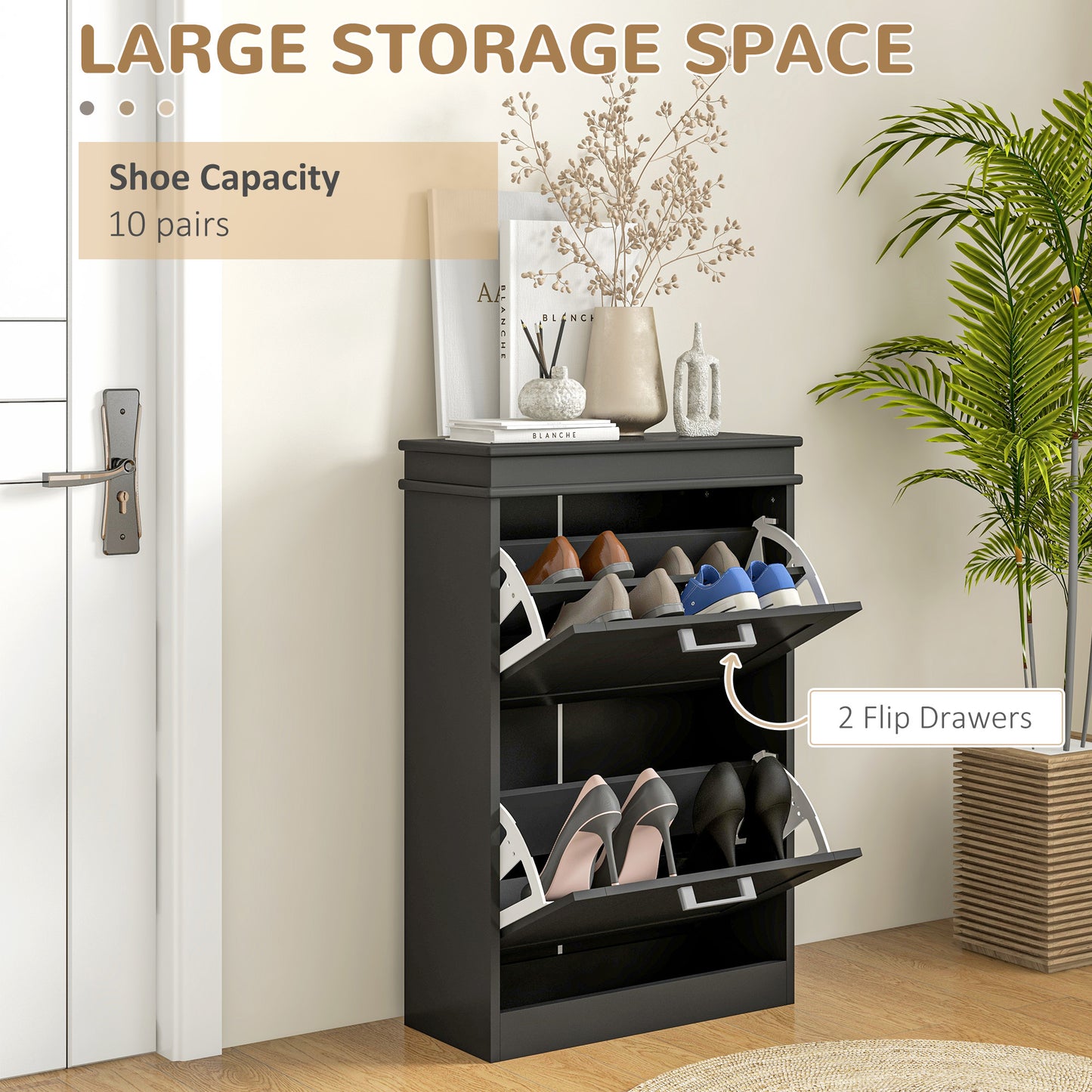 HOMCOM Shoe Storage Cabinet with 2 Flip Drawers and Adjustable Shelves, Narrow Shoe Cabinet for 10 Pairs of Shoes, Black