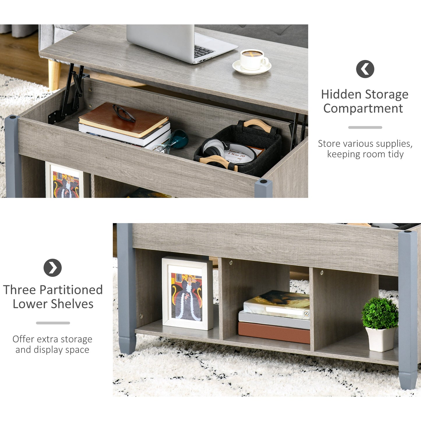 HOMCOM Lift Top Coffee Table with Hidden Storage Compartment and 3 Lower Shelves, Pop-Up Center Table for Living Room, Espresso