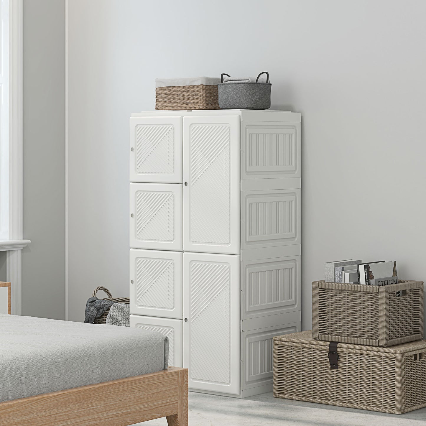 HOMCOM Portable Wardrobe, Foldable Clothes Storage Organzier with 5 Compartments, 1 Hanging Rod, Magnet Doors, White