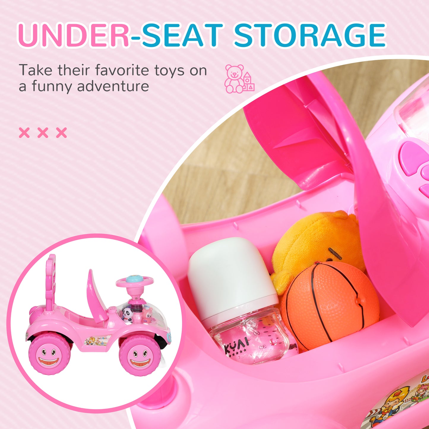 Qaba Toddlers Push Car with Horn, Light, Music, Anti-Over-Backwards Device, Steering Wheel, Under Seat Storage, Pink