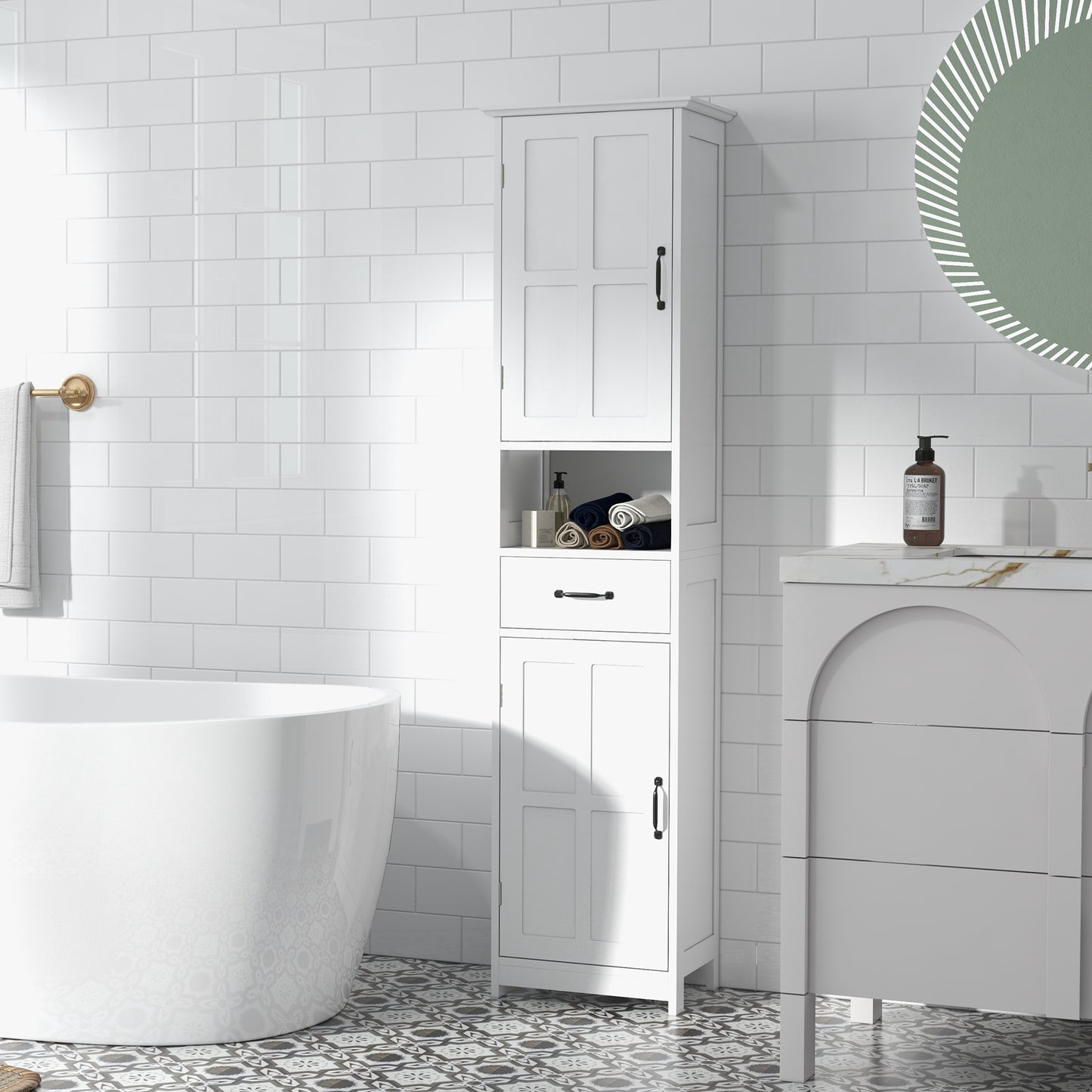 kleankin Modern Bathroom Cabinet, Narrow Bathroom Vanities with Open Shelf Drawer Recessed Doors and Adjustable Shelves White