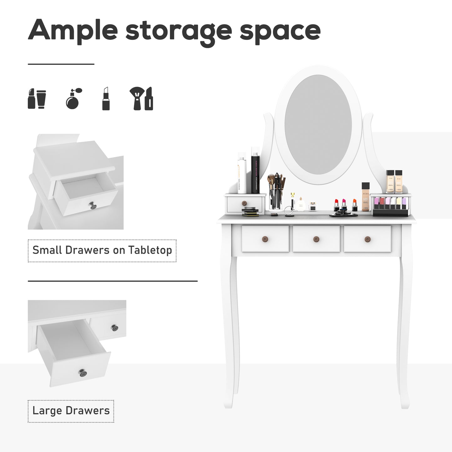 HOMCOM Vanity Desk with Stool, Makeup Vanity with 360° Rotating Oval Mirror, 5 Drawers and Padded Seat, Dressing Table for Bedroom, Black