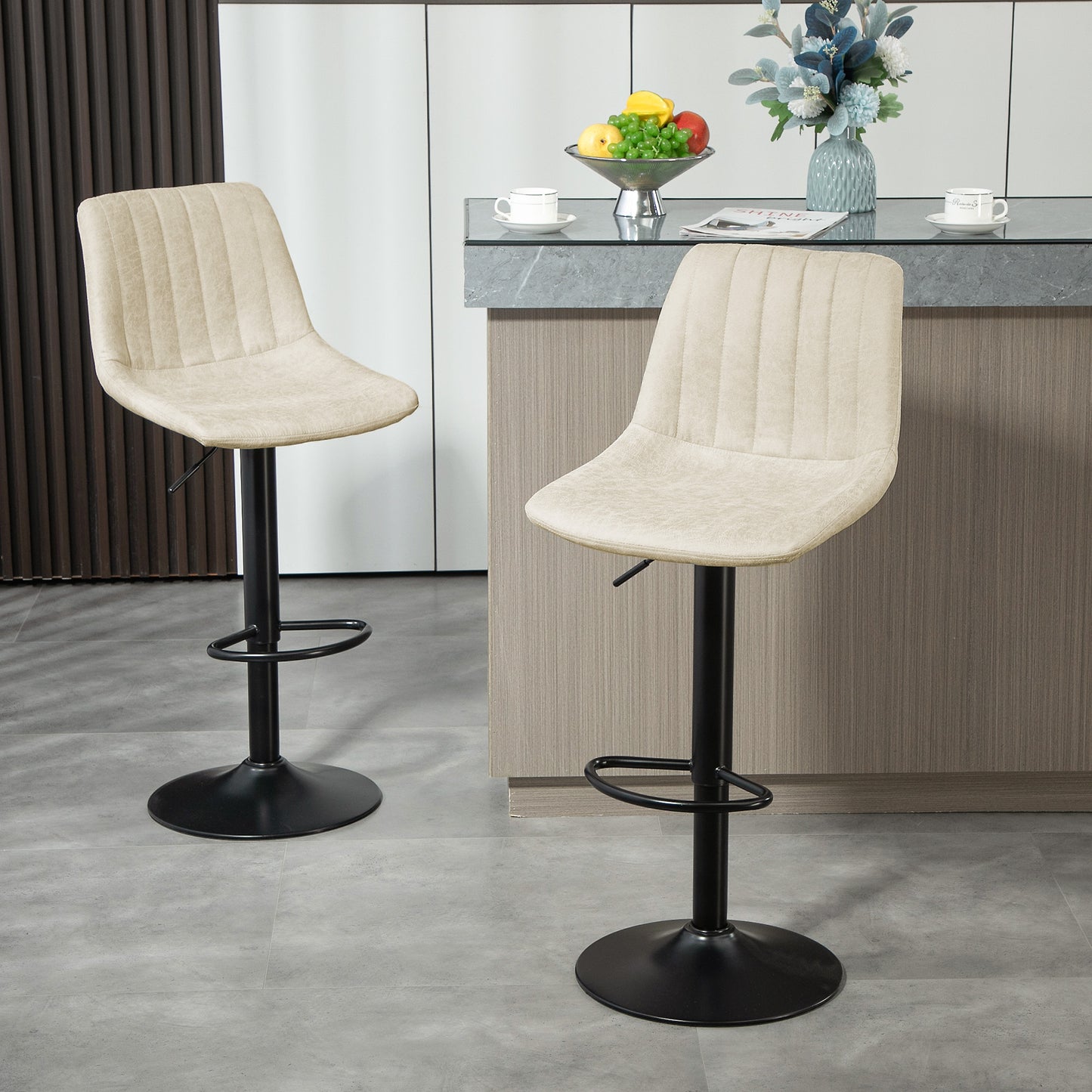 HOMCOM Adjustable Bar Stools Set of 2, Leathaire Swivel Barstools with Back and Footrest, Upholstered Bar Chairs for Kitchen, Dining Room, Home Pub, Brown