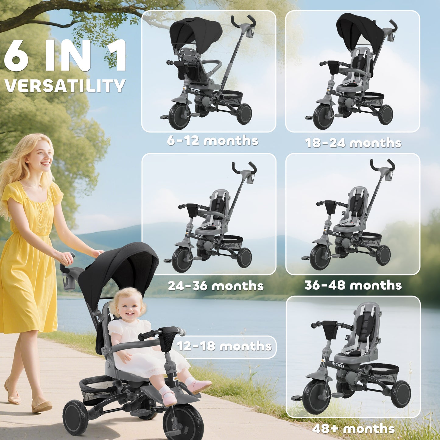 Qaba 6 in 1 Toddler Tricycle for 1-5 Years Old with Push Handle, Removable Canopy, Rotatable Seat, Pink