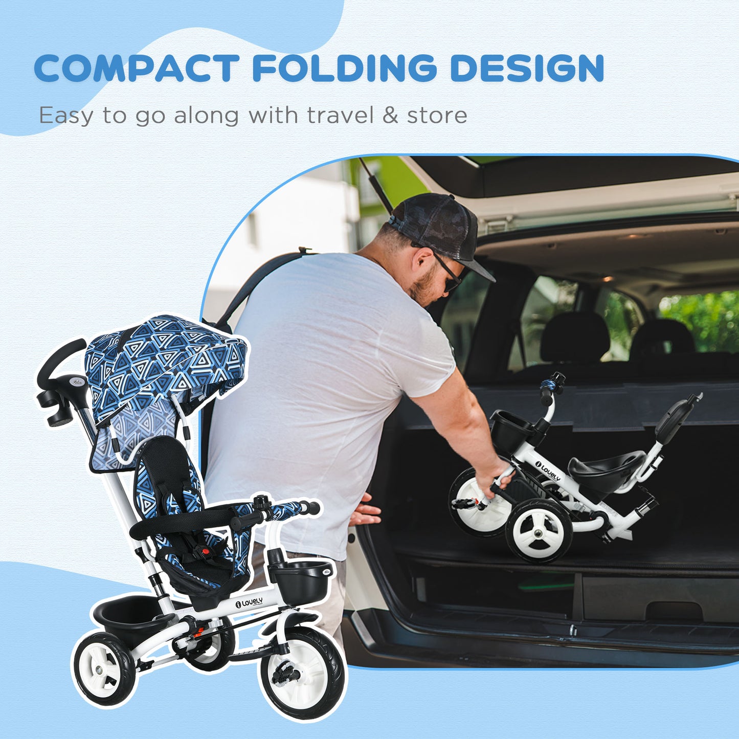 Qaba 6 in 1 Toddler Tricycle with Parent Push Handle, Canopy, Storage Baskets, Cupholder, Dark Blue