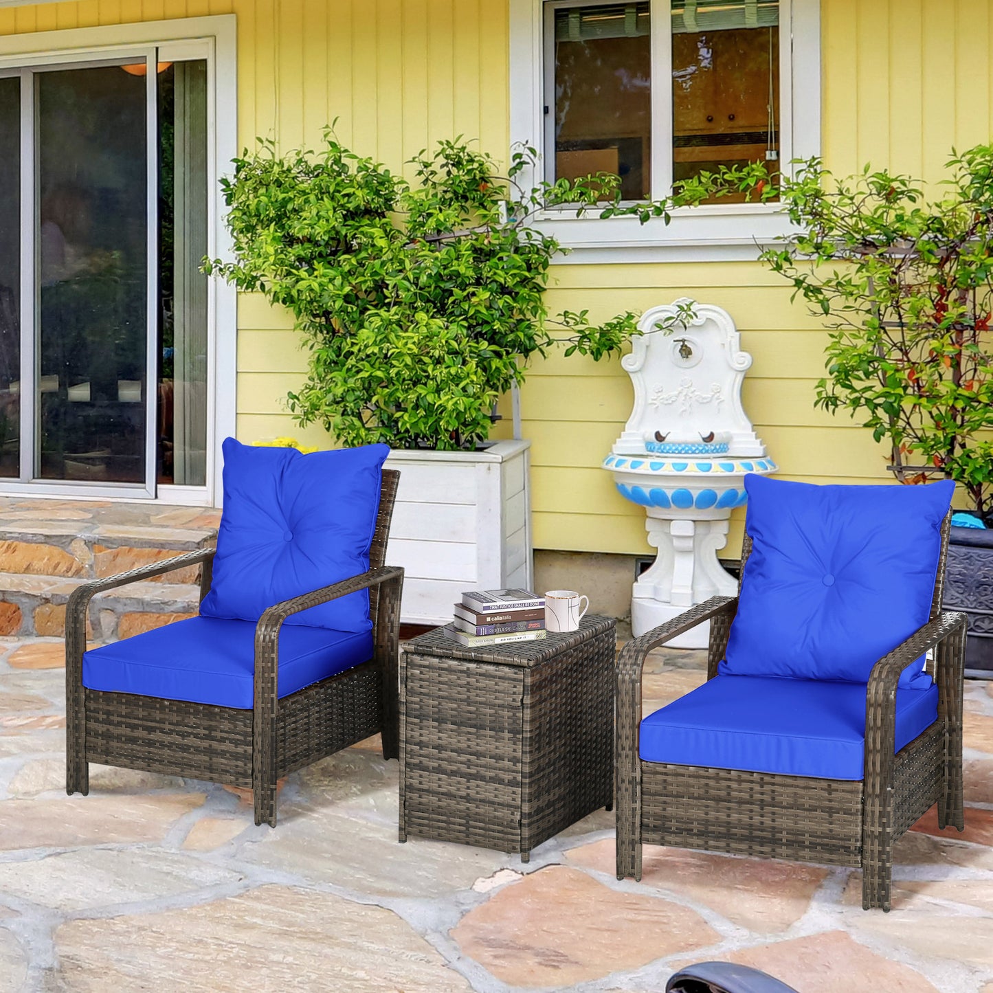 Outsunny 3 Pieces Wicker Patio Furniture Set, Rattan Bistro Set with Storage Coffee Table and Thickened Cushions, Outdoor Conversation Set for Garden, Porch, Balcony, Red