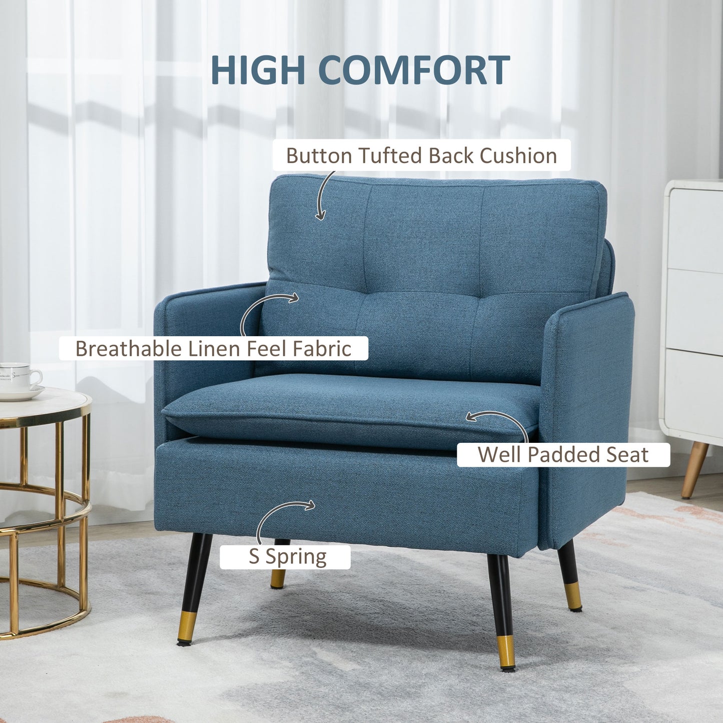 HOMCOM Modern Armchair, Upholstered Accent Chair with Tufted Back Cushion and Steel Legs for Living Room, Bedroom, Grey