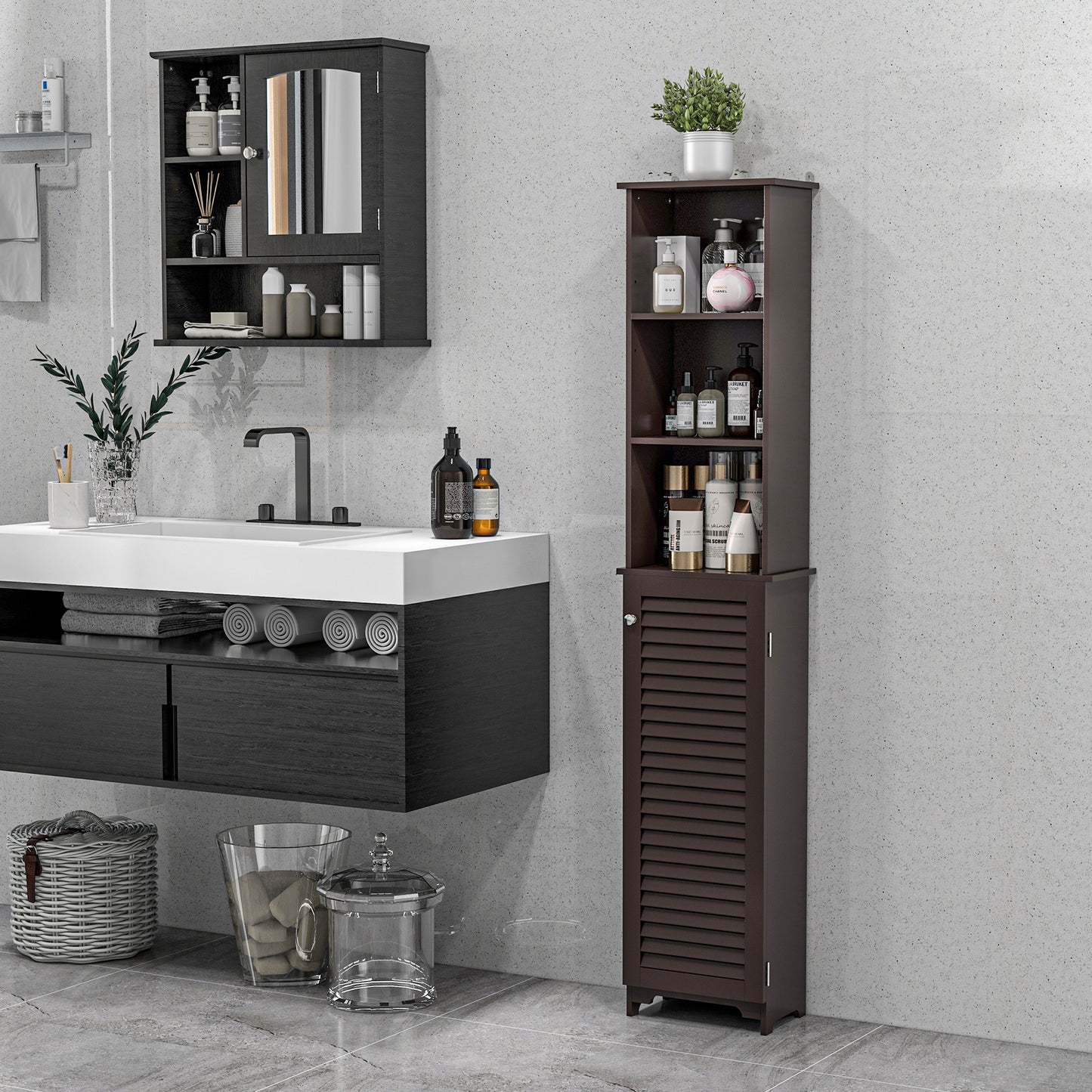 HOMCOM Tall Bathroom Storage Cabinet, Freestanding Linen Tower with 3-Tier Open Adjustable Shelf, White