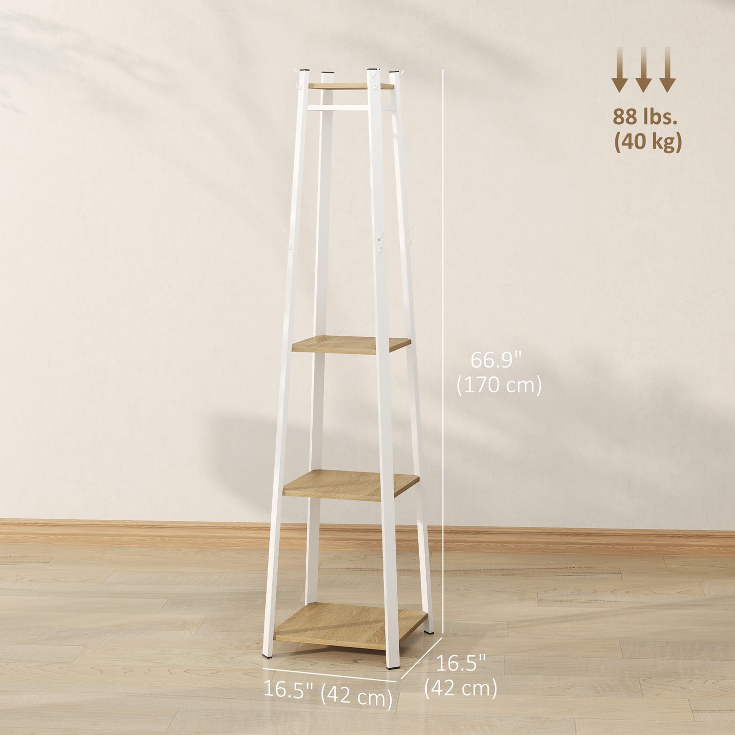 HOMCOM Clothes Rack with Storage, Garment Rack with 8 Hooks and 3-Tier Shelf, Clothes Stand for Bedroom, Entryway, Oak