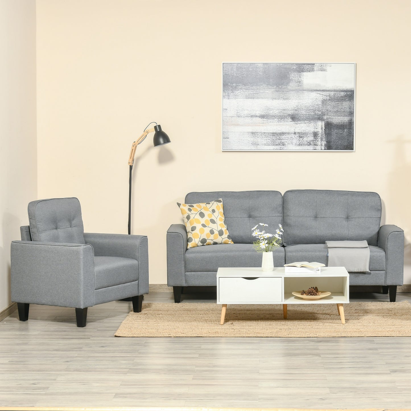 HOMCOM 3-Seater Sofa, Mid-Century Linen Couch with Upholstered Seat, Button-Tufted Back Cushion and Rubber Wood Legs for Living Room, Bedroom, Gray