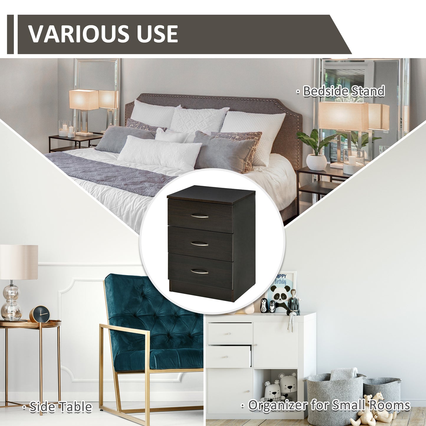 HOMCOM Bedside Table, Modern Night Stand with 3 Drawers and Metal Rail for Bedroom, Dark Brown
