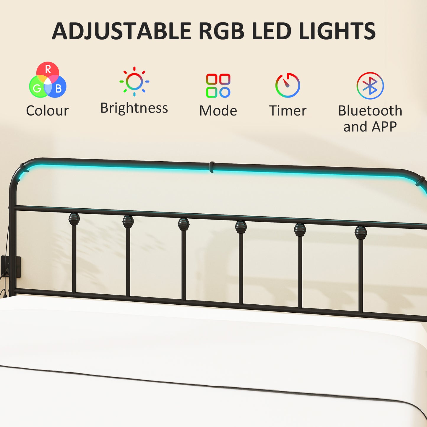 HOMCOM Full Bed Frame with LED Lights and Charging Station, Metal Platform Bed Frame with Under Bed Storage, Black