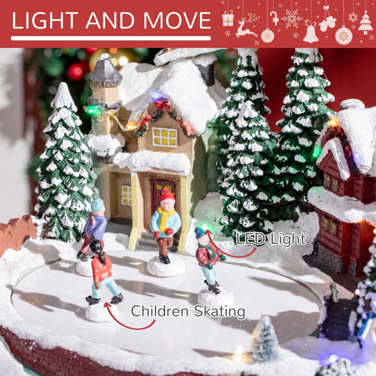 HOMCOM Christmas Village, Santa and Deer Skating Pond Animated Winter Wonderland Set with Multicolored LED Light, Plug-In Christmas Decoration