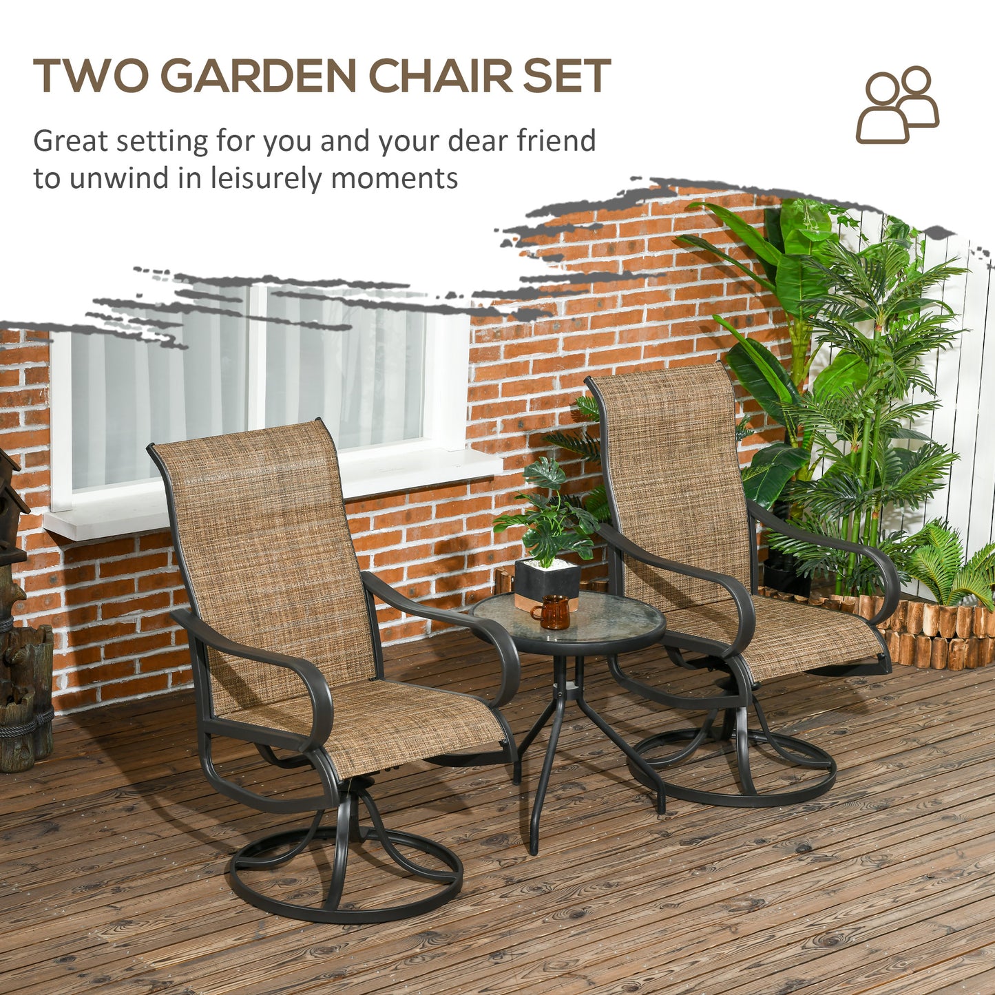 Outsunny 2-Piece Swivel Patio Dining Chairs, 360° Swivel Rocking Outdoor Chairs with Curved Armrests, Breathable Mesh Seat & S Shape Backrest for Yard, Lawn, Porch, Brown