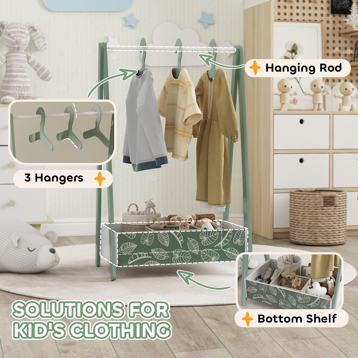 Qaba Kids Clothing Rack with Storage Shelf, Hangers, for Nursery Room, Living Room, Playroom, Pink