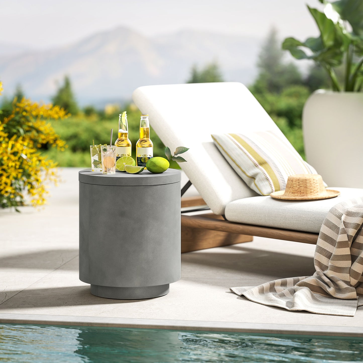 HOMCOM 2.6 Gal Outdoor Side Table, 3-In-1 Concrete Cooler Bar Table with Storage, Removable Ice Bucket and Lid, Light Grey