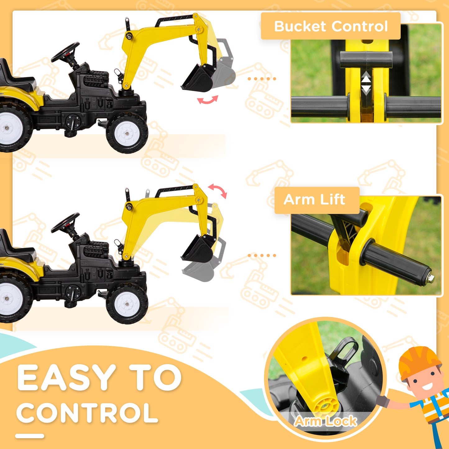 Aosom Ride on Tractor for Kids, Pedal Excavator Ride on Toy for 3 Year Old, Yellow
