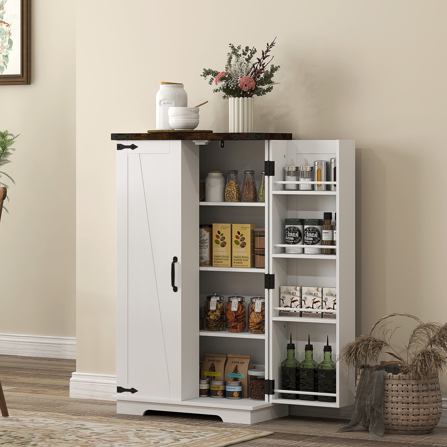 HOMCOM Farmhouse Kitchen Pantry Storage Cabinet, Kitchen Pantry Cabinet with Doors and Adjustable Shelves, White