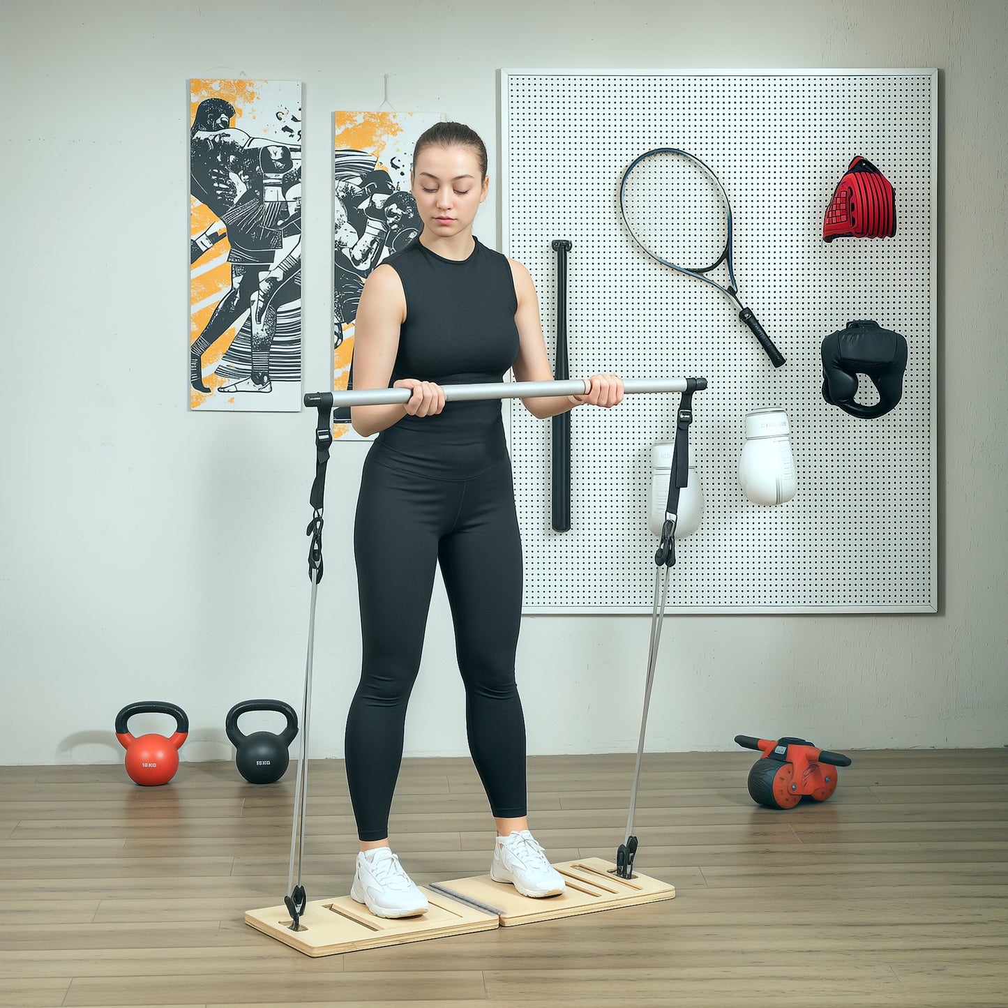 Soozier Pilates Bar Kit with Resistance Bands and Foldable Calf Stretch Board, Pilates Equipment for Full Body Workouts, Grey