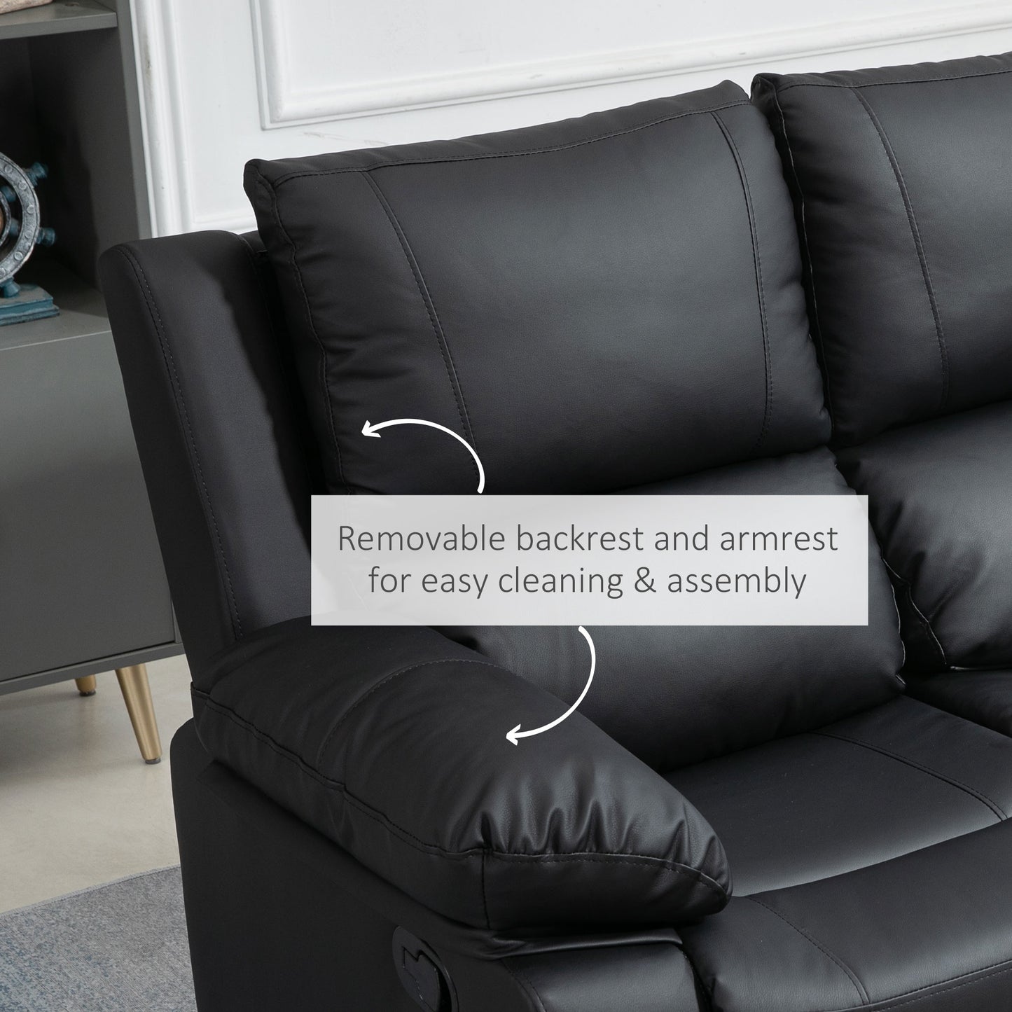 HOMCOM Double Reclining Loveseat, PU Leather Manual Recliner Sofa Chair with Pullback Control Footrest for Living Room, Black