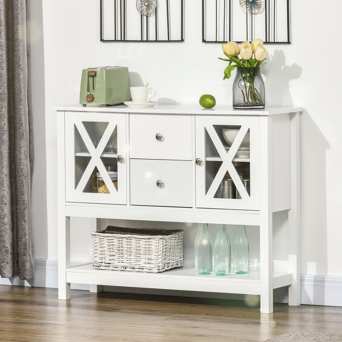HOMCOM Modern Sideboard, Glass Door Buffet Cabinet with Storage Drawers and Adjustable Shelves, Console Table for Living Room, Kitchen, Entryway, White