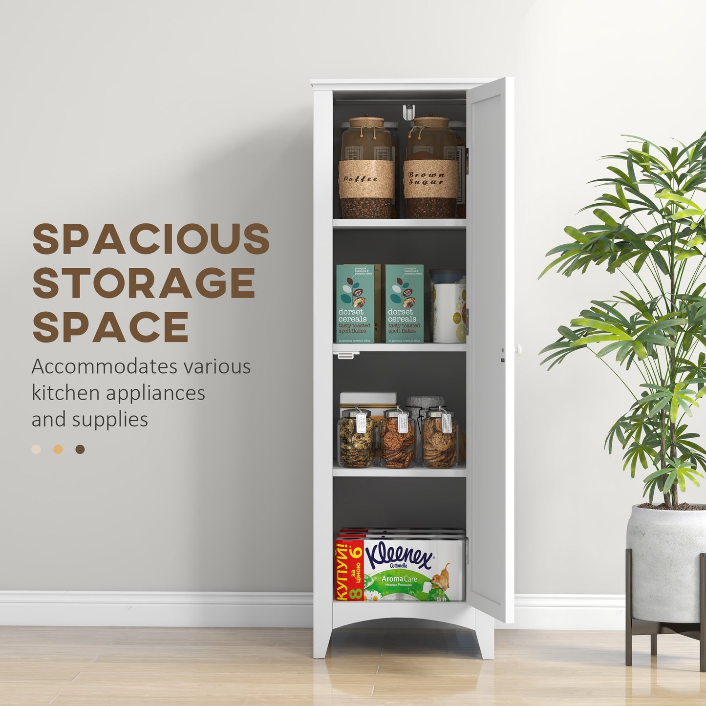 HOMCOM 48" Kitchen Pantry Storage Cabinet, Single Door Kitchen Cabinet with 4 Tier Shelving and Adjustable Shelves, White