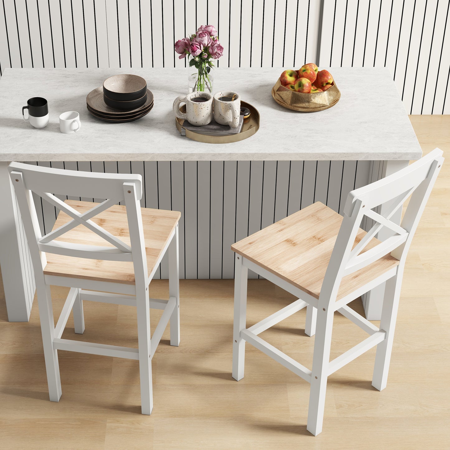 HOMCOM Counter Height Stools Set of 2, Farmhouse Bar Stools with Backs, Solid Wood Counter Stools for Kitchen Island