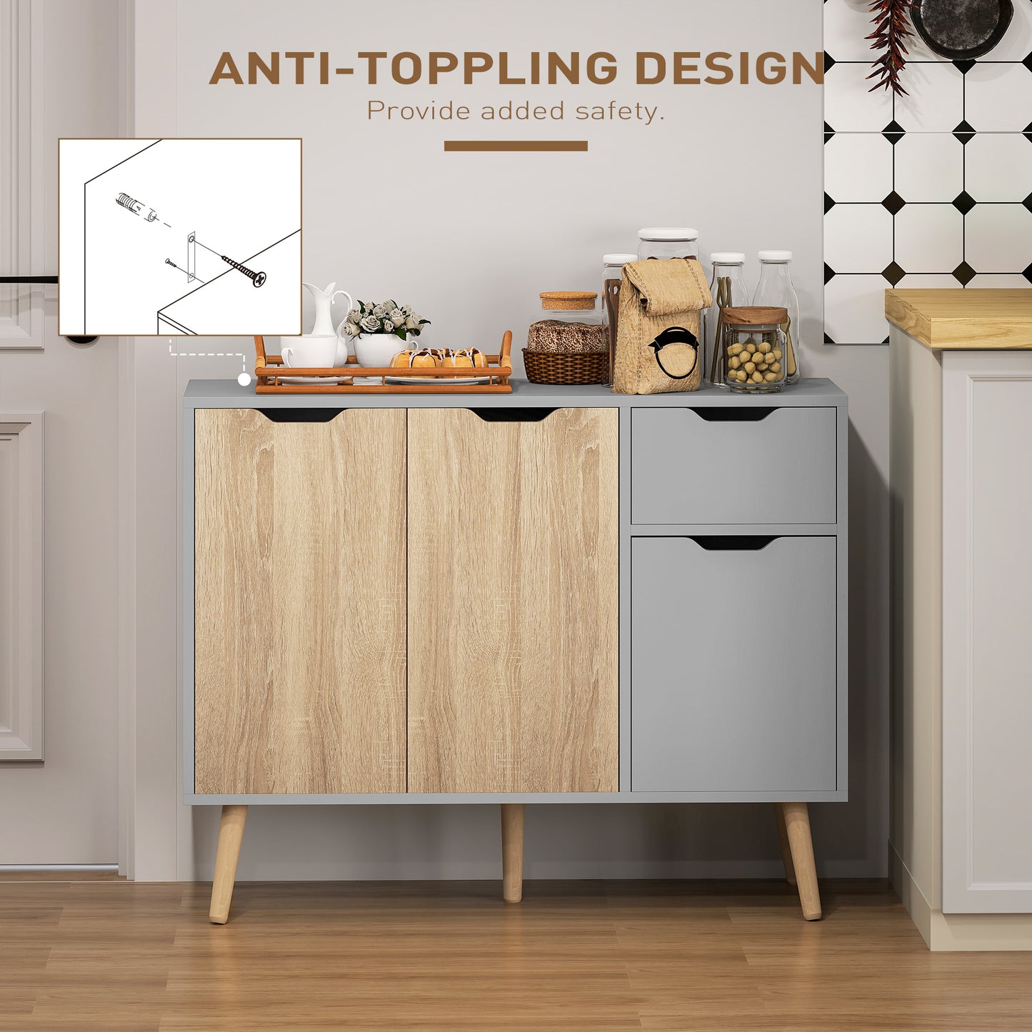 HOMCOM 35" Sideboard Storage Cabinet with Drawer, White and Grey