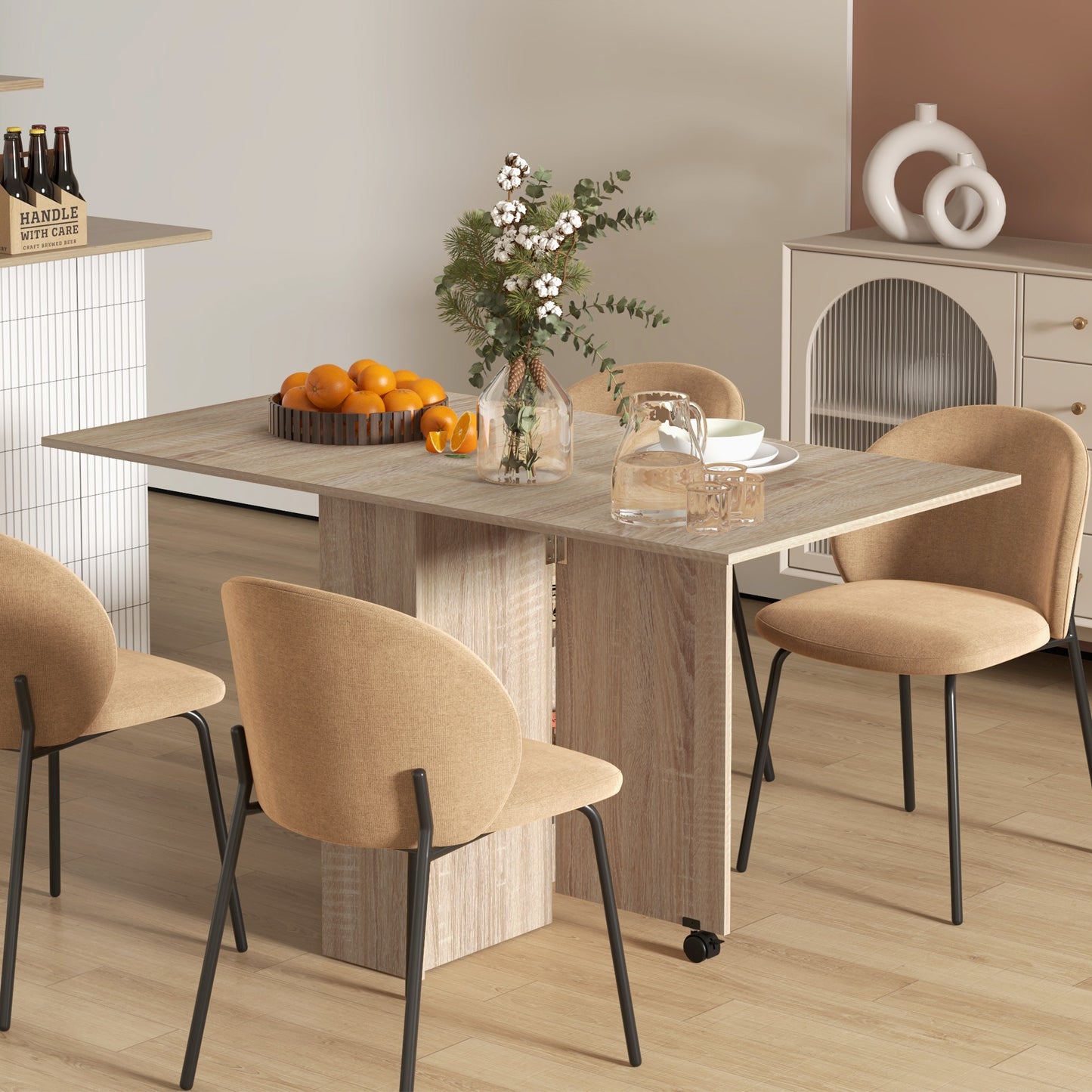 HOMCOM Extendable Dining Table, Collapsible Folding Table w/ 2-tier Shelves and Rolling Casters, Nature Wood