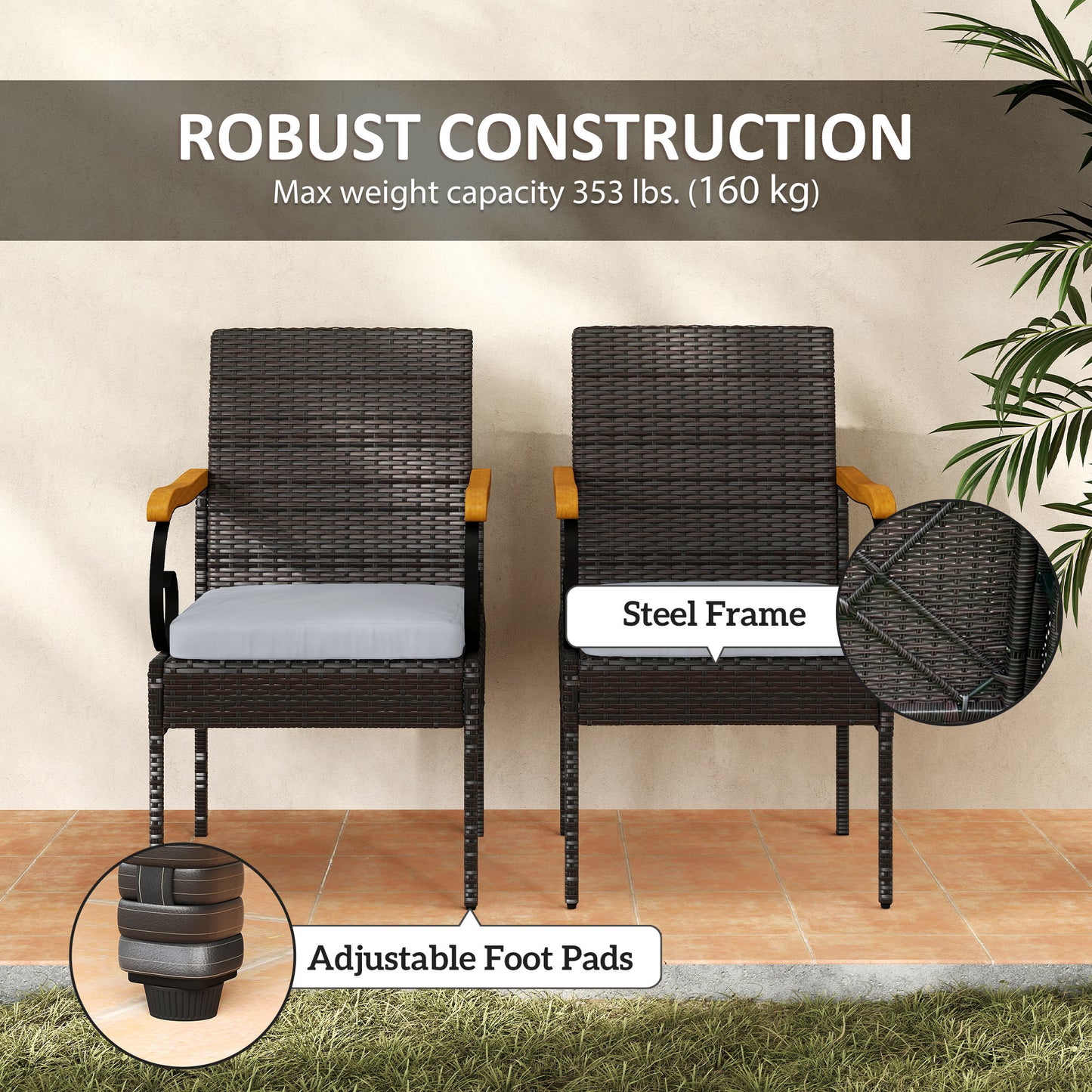 Outsunny Set of 2 Rattan Outdoor Dining Chairs, Wicker Patio Chairs with Removable Cushion, Acacia Wood Armrests, Light Grey