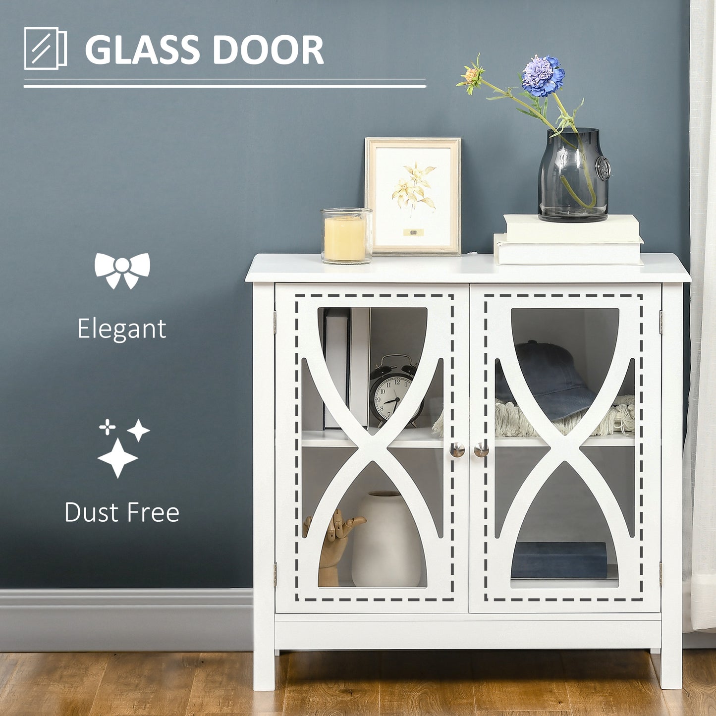 HOMCOM Kitchen Sideboard, Glass Door Buffet Cabinet, Bathroom Storage Cabinet with Adjustable Storage Shelf for Dining Room, Living Room, White