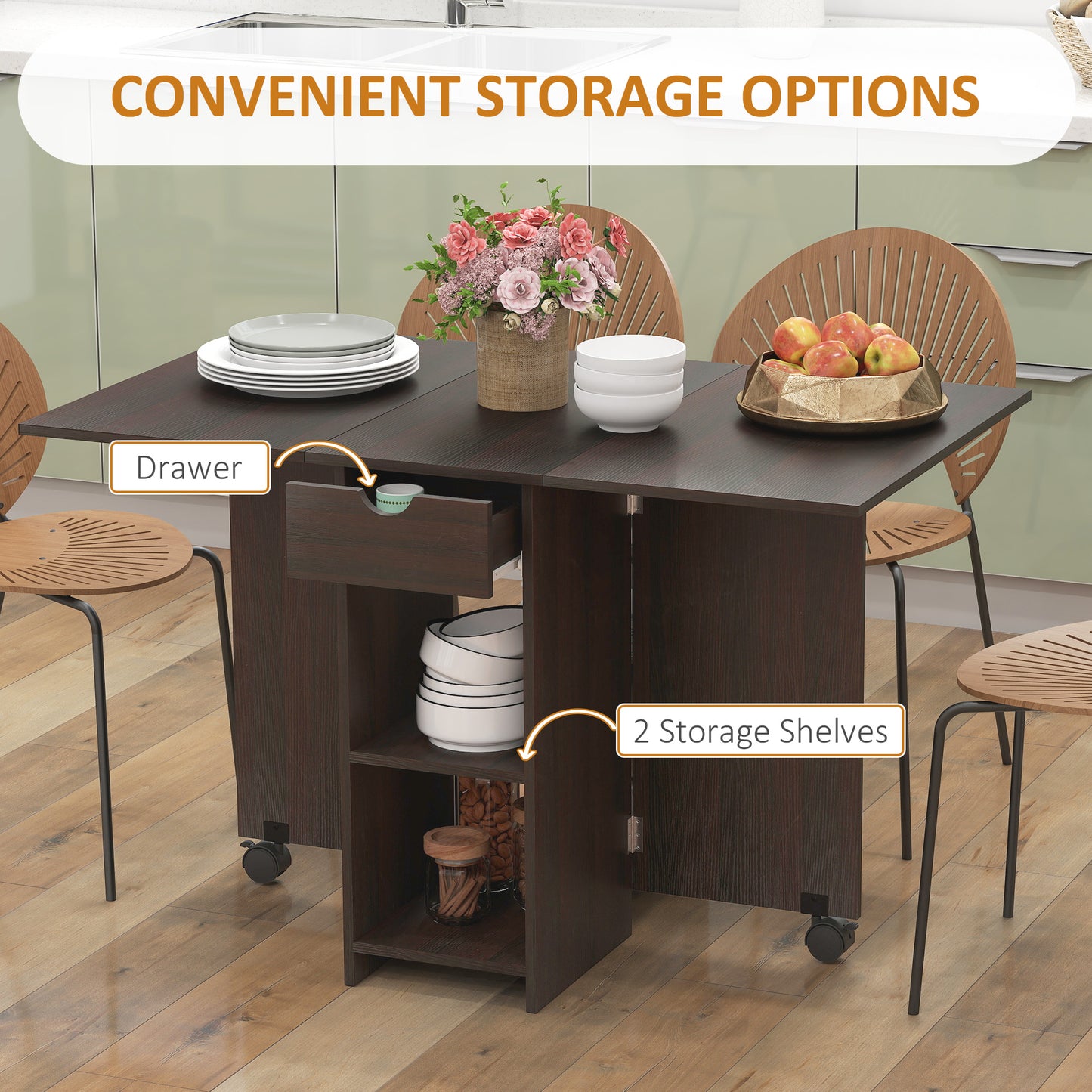 HOMCOM Folding Dining Table, Space Saving Drop Leaf Table with Drawer and Storage Shelves for Kitchen, Dining Room, Oak