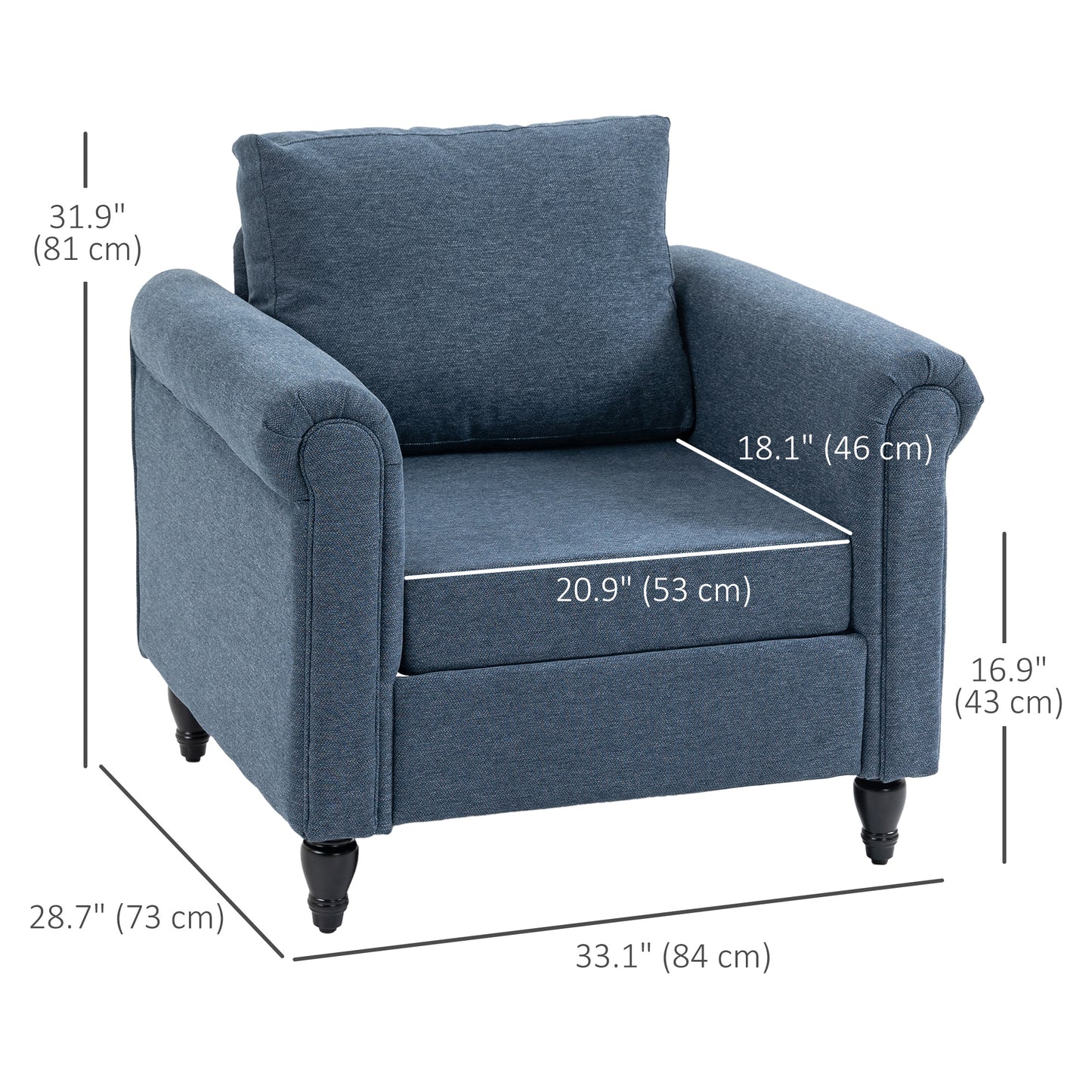 HOMCOM Vintage Armchair, Upholstered Accent Chair with Rolled Arms, Gourd-Shaped Rubber Wood Legs, Light Grey