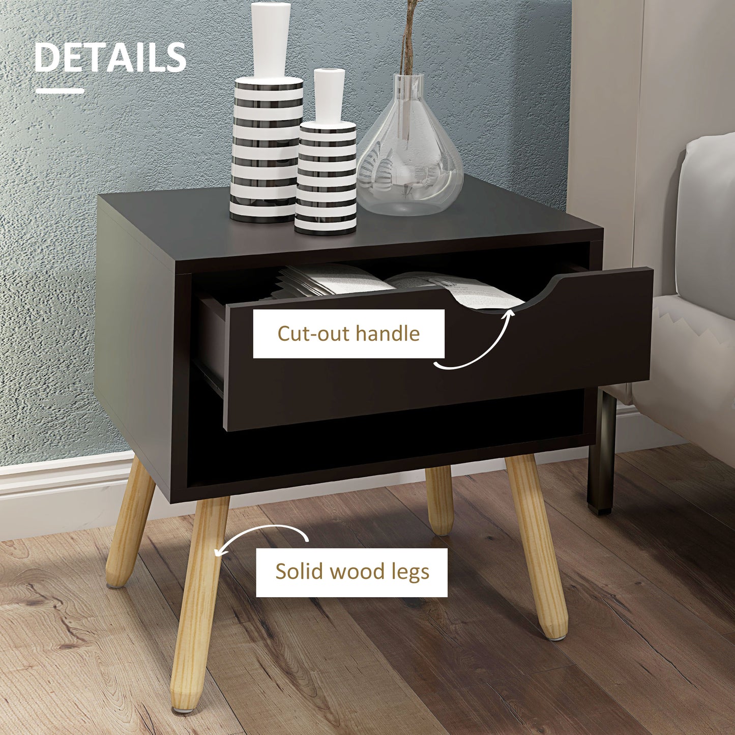 HOMCOM Set of 2 Bedside Table with Drawer and Shelf, Modern Nightstand with Wooden Legs, End Table for Bedroom, White