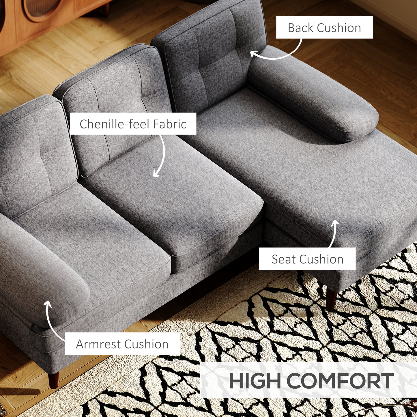 HOMCOM Modern Corner Couch with Right Chaise Lounge, Tufted 3-Seater Sofa with Wooden Legs for Living Room, Navy Blue