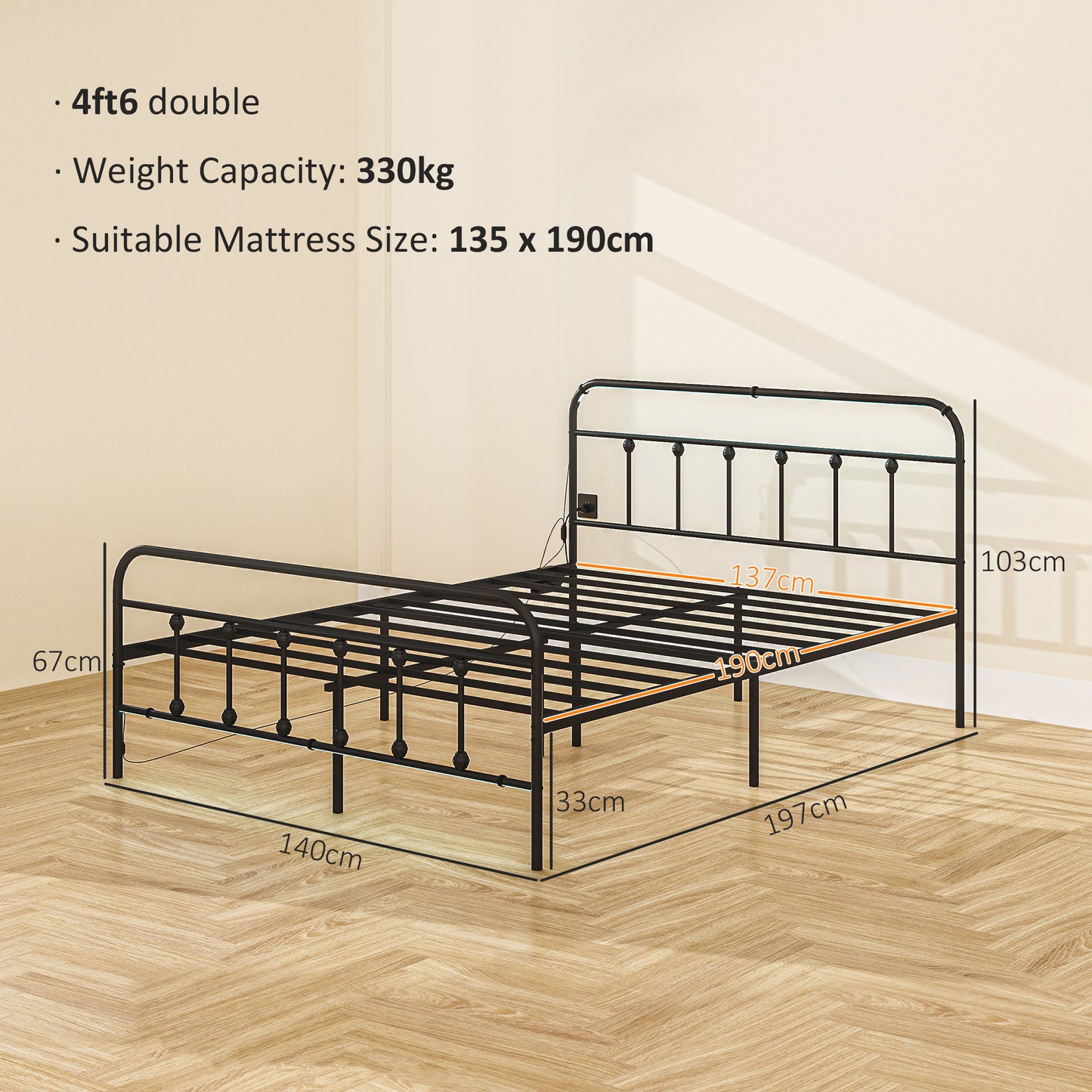 HOMCOM Full Bed Frame with LED Lights and Charging Station, Metal Platform Bed Frame with Under Bed Storage, Black