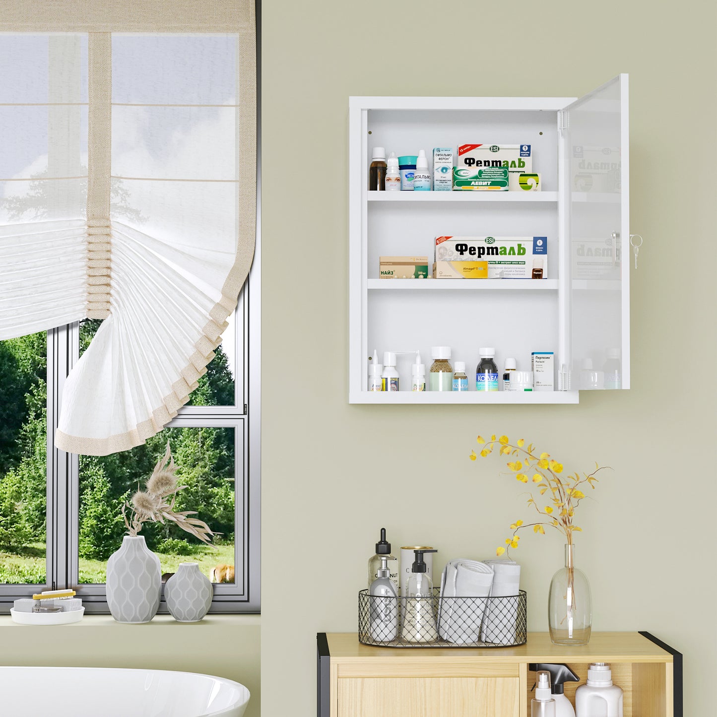 kleankin Lockable Medicine Cabinet, 3 Tier Steel Medical Wall Box with 2 Keys and Shelves for Bathroom, White