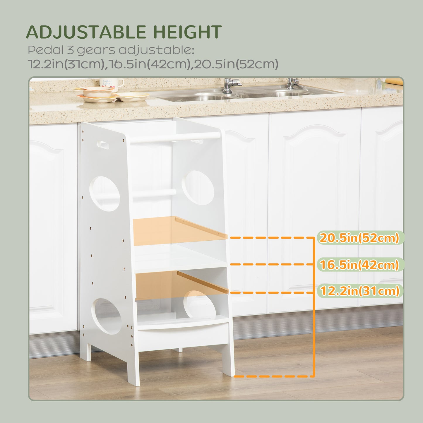 HOMCOM Toddler Tower Kitchen Helper with 3-Level Adjustable Height, Heavy-Duty Kids Step Stool with Safety Rail, White