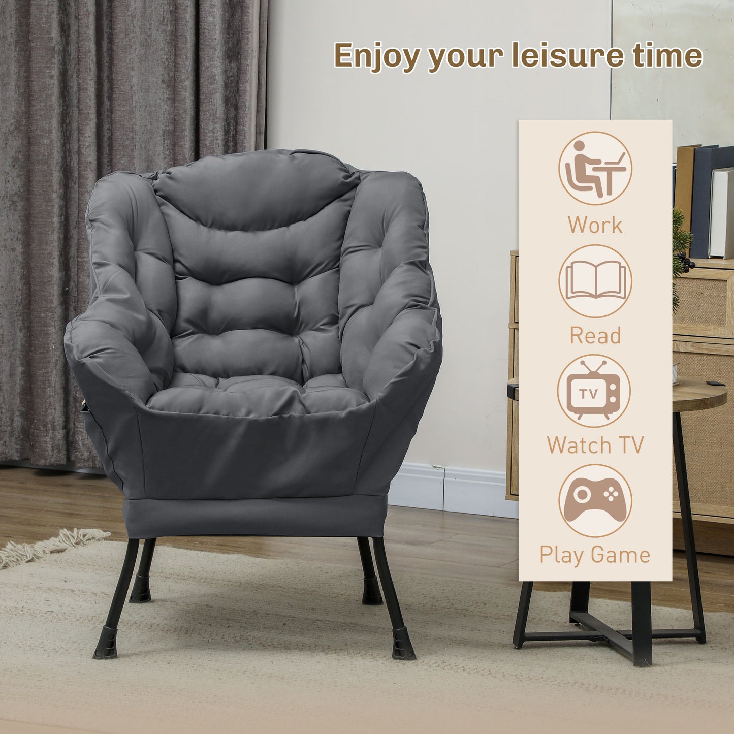HOMCOM Modern Accent Chair, Armchair with Side Pockets and Solid Steel Legs, Comfy Reading Chair for Living Room, Cream White