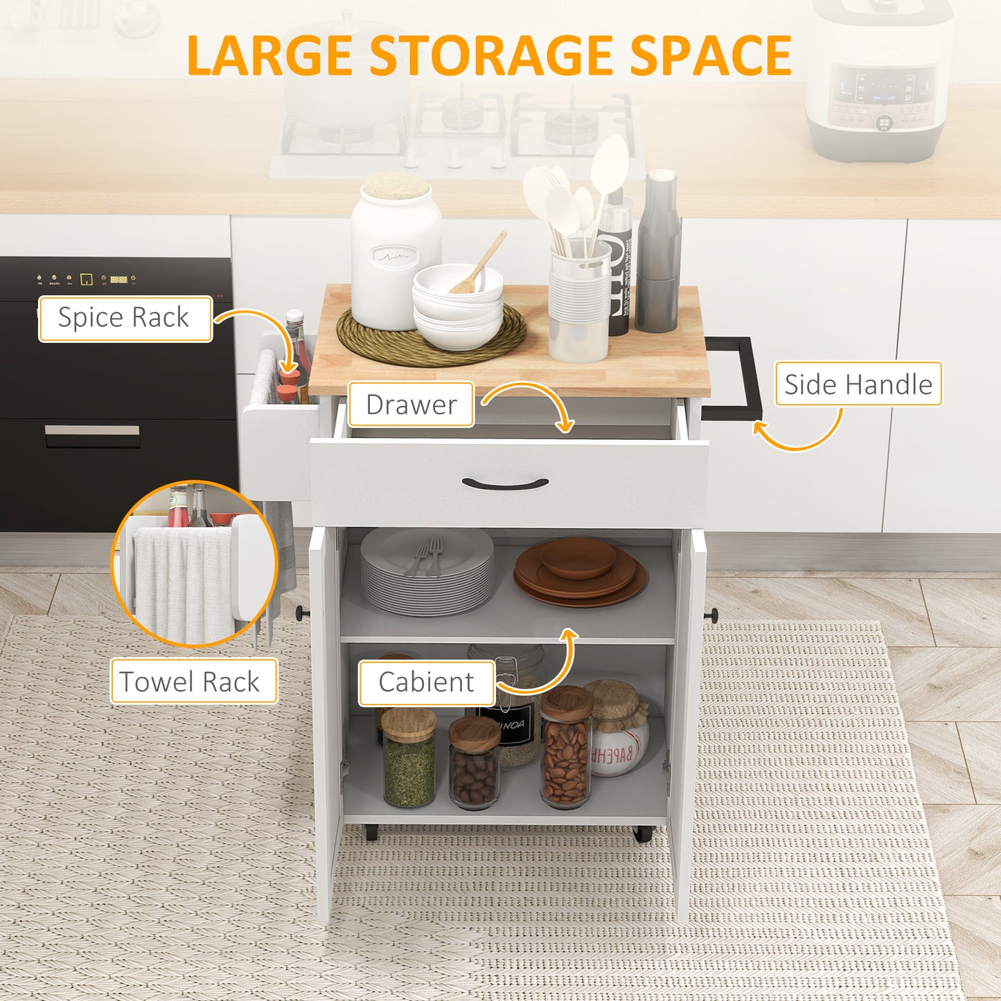 HOMCOM Modern Rolling Kitchen Island Cart with Drawer, Natural Wood Top, Towel Rack, Door Storage Cabinet, Distressed Black