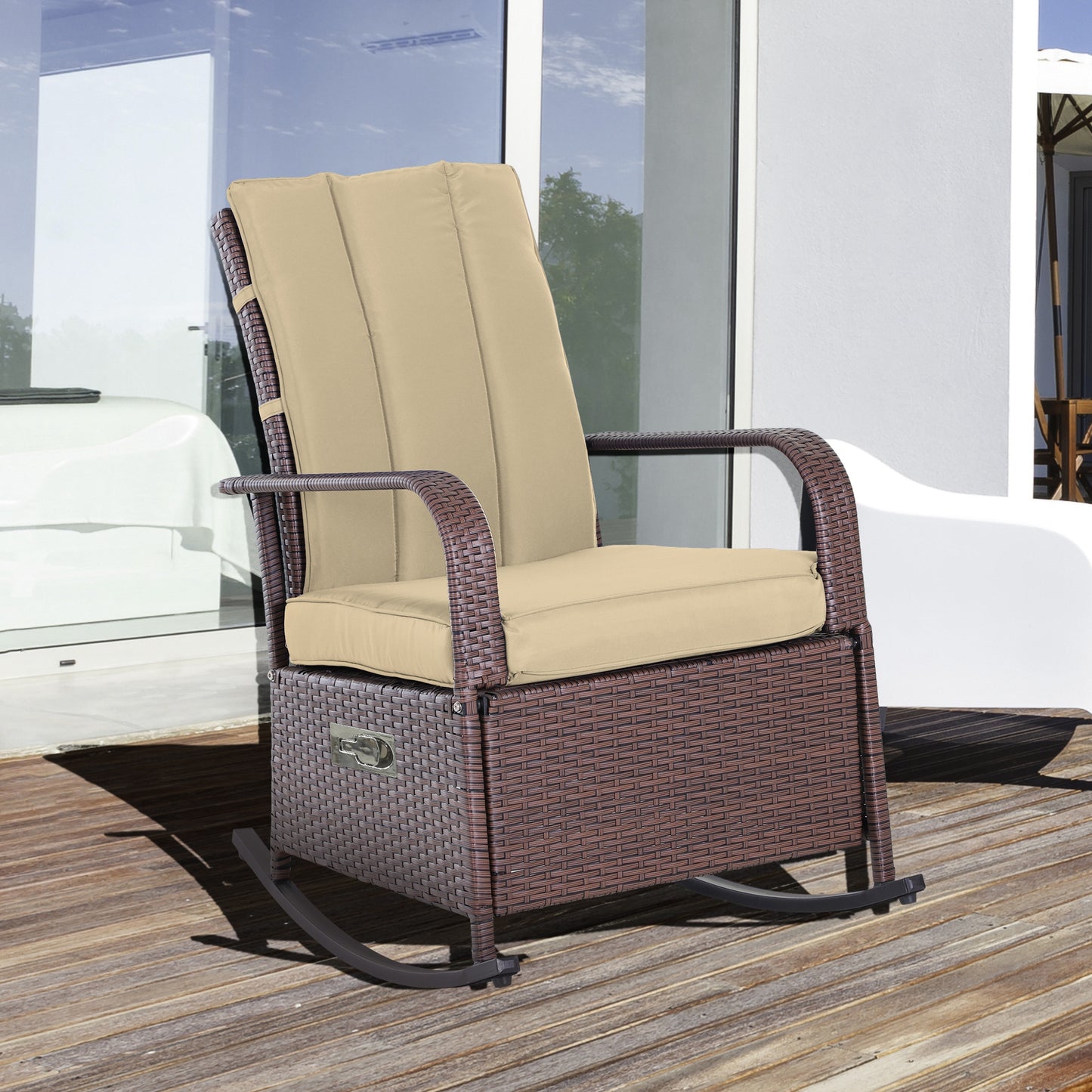 Outsunny Outdoor Wicker Rocking Chair with Cushion, Patio PE Rattan Recliner Chair with Adjustable Footrest, Armrests, Dark Blue