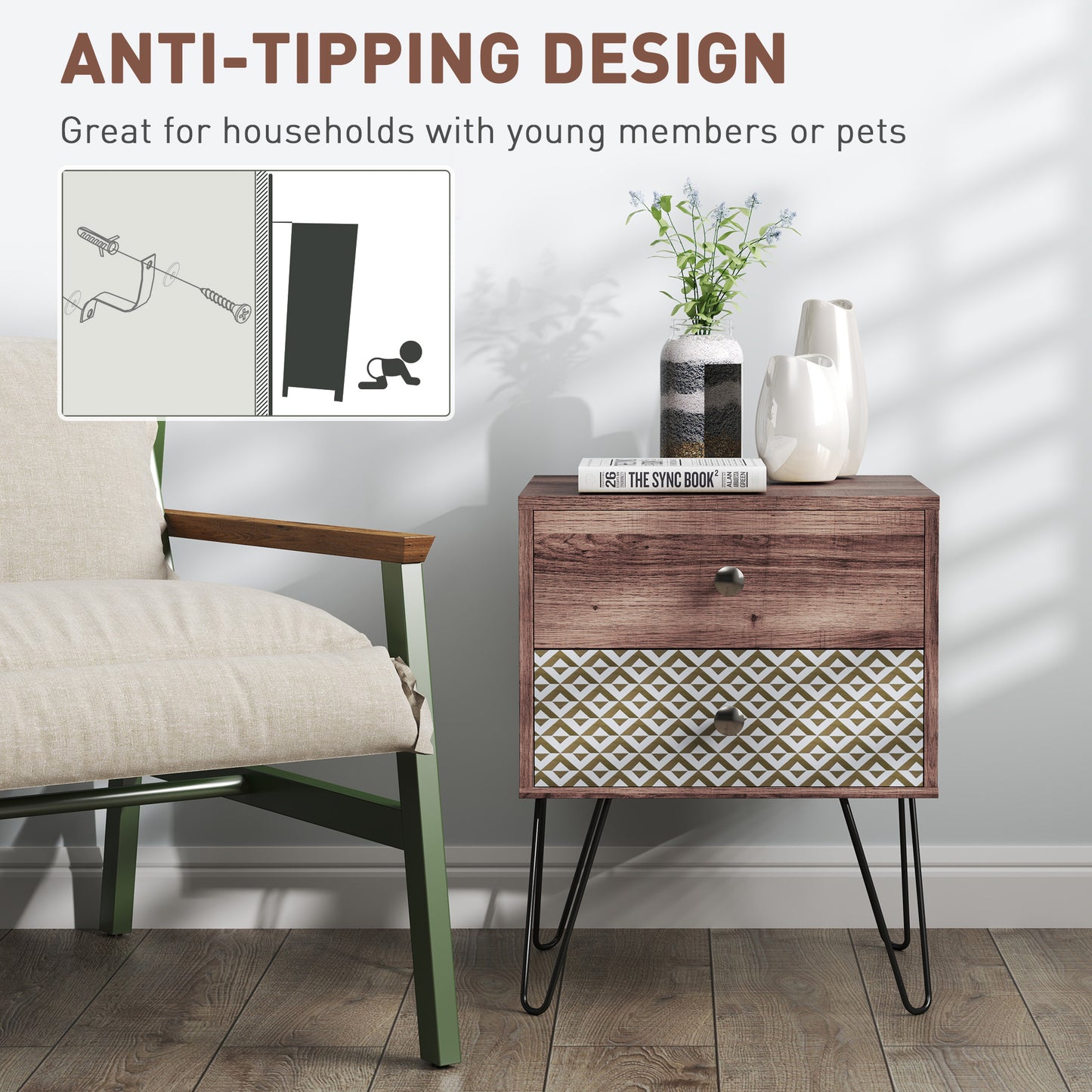 HOMCOM Side Table with Drawers, Nightstand, Bedside Table, Sofa End Table, for Bedroom, Brown