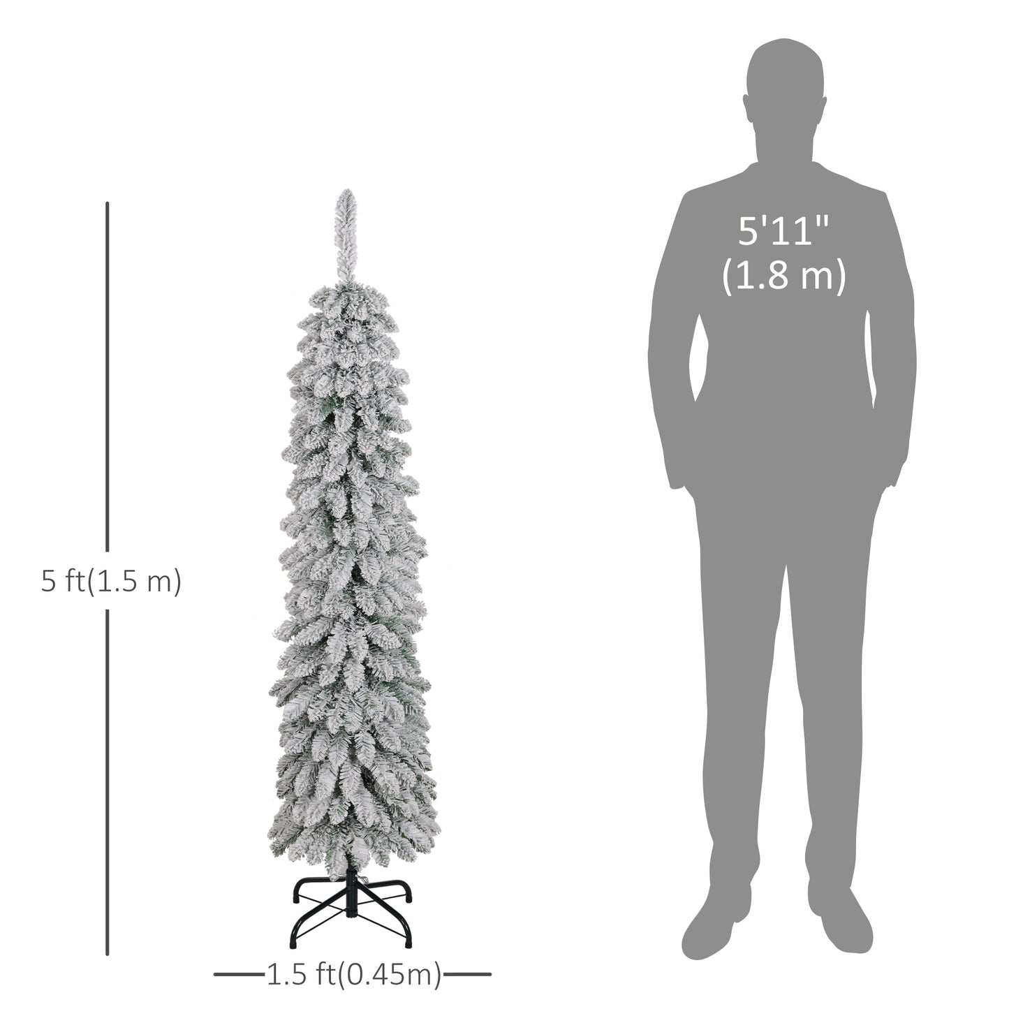 HOMCOM 5ft Snow-Flocked Artificial Christmas Tree, Slim Pencil Xmas Tree with 301 Realistic Branches, Metal Base, Pink
